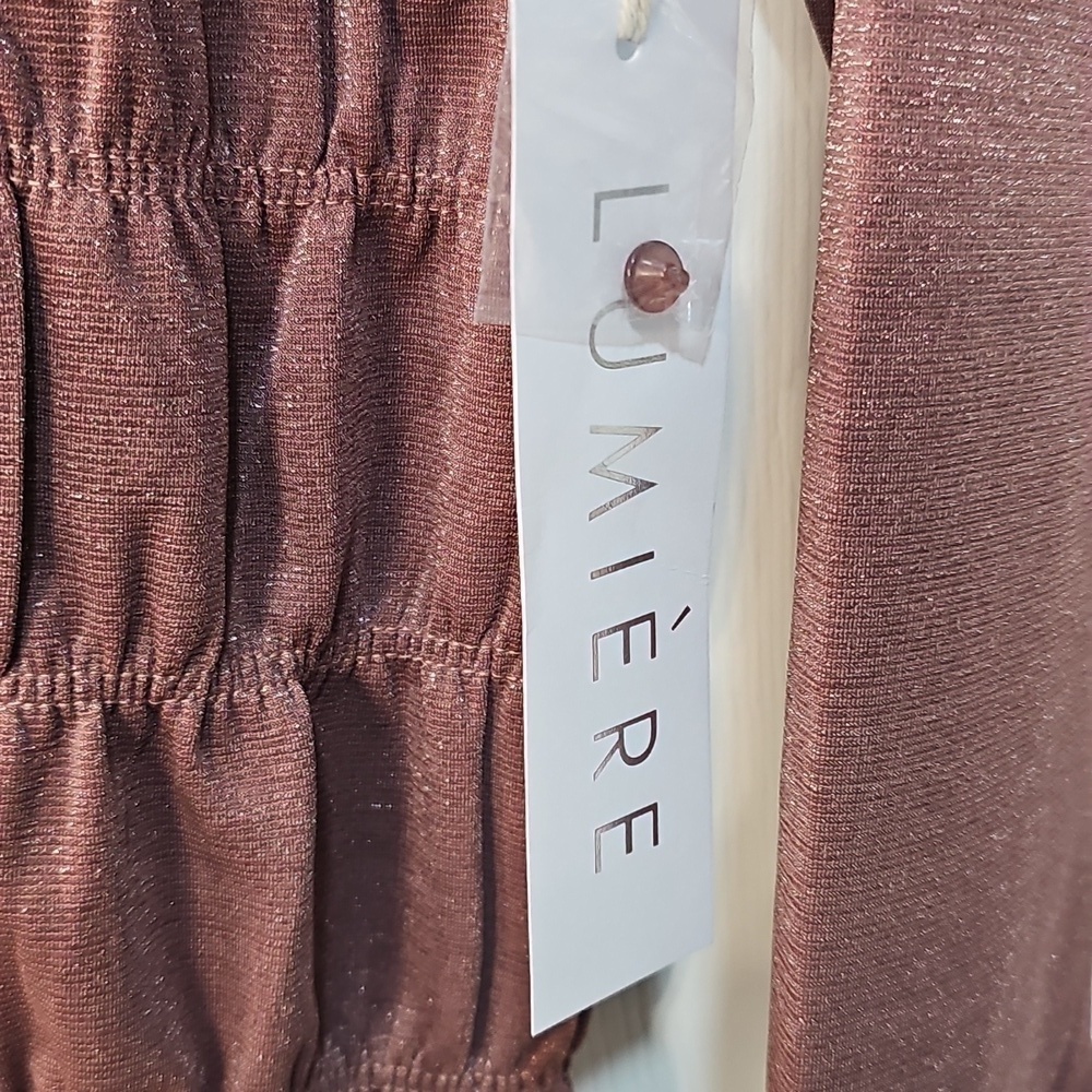 NWT Lumiere Metallic Long Sleeved Shirred Minidress Shimmery Sparkly Mauve Large - Picture 9 of 13